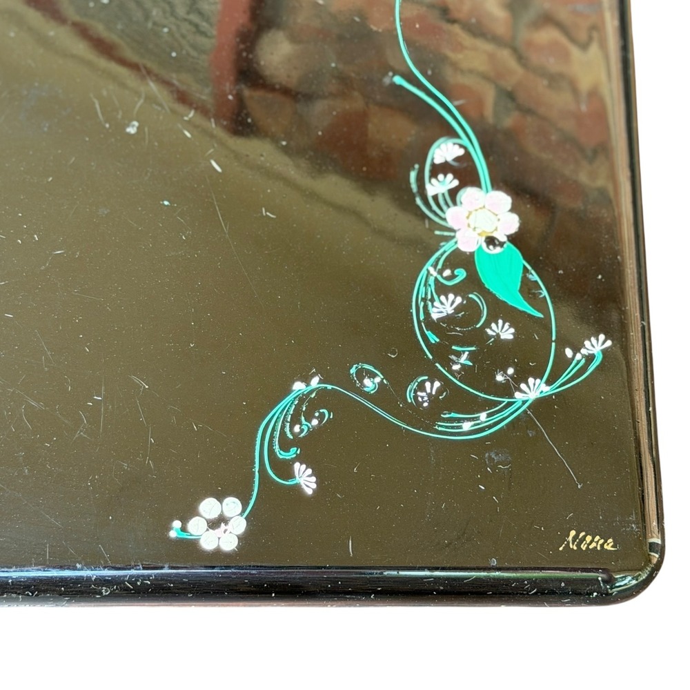 Vintage Pavlova Paris Hand Painted Black Lacquer Box Signed Nina Floral Vanity - Picture 9 of 13